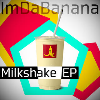 Transparent cup with a banana milkshake inside on a simplistic abstract background.