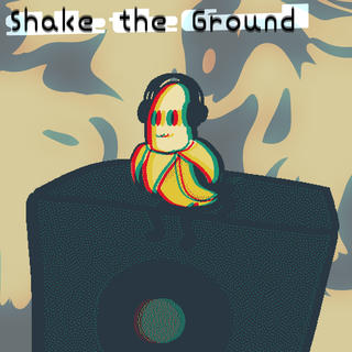 Banana with headphones on a speaker. The colors are filtered and blurred to give a feeling that it's 'shaking'.