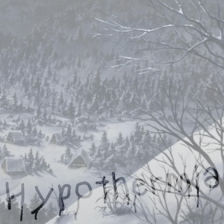 A small village landscape in deep snow seen from a nearby hill