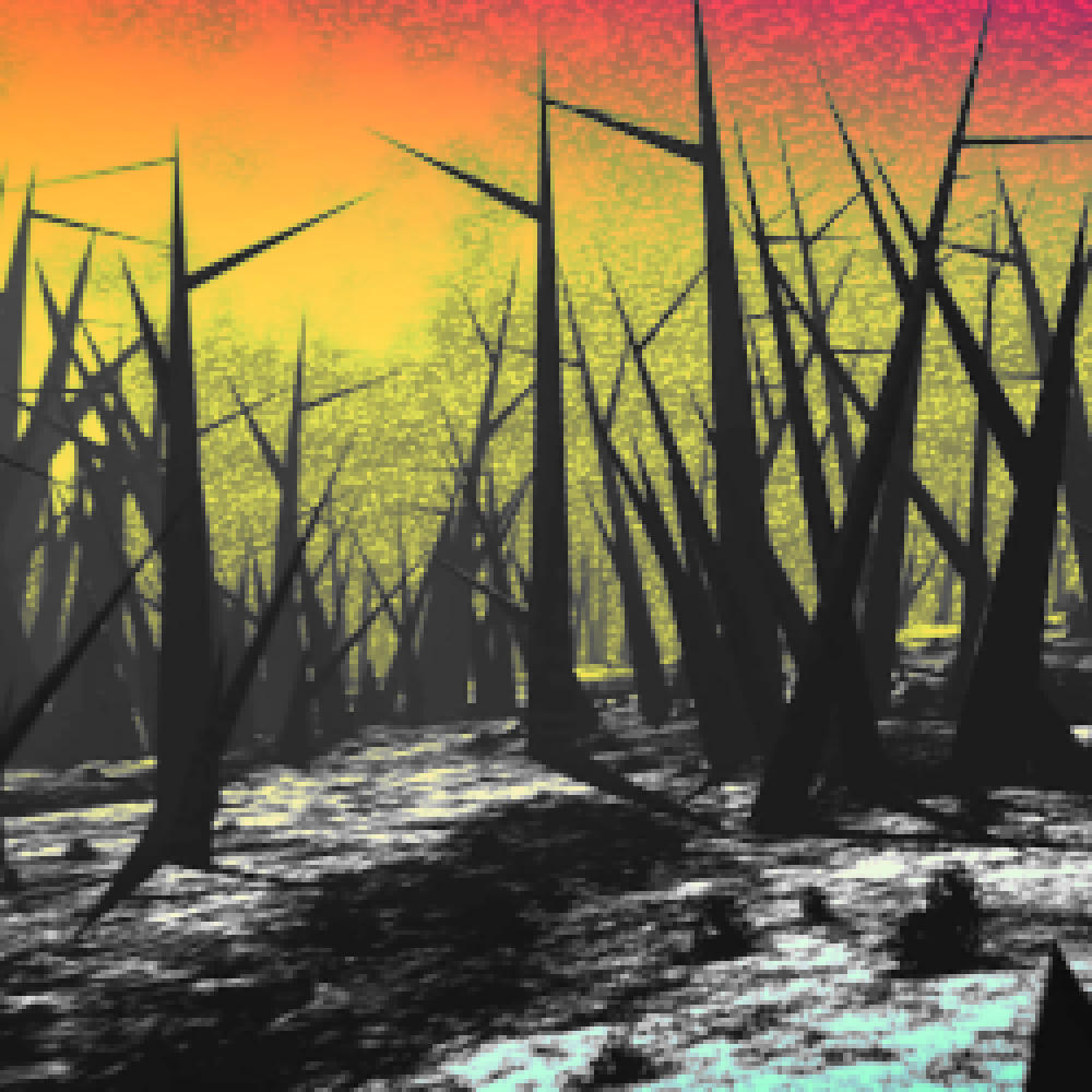 Landscape of big, black spikes growing out of the ground
